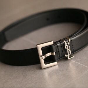 Saint Laurent Black Leather Belt with Silver Tone YSL Emblem